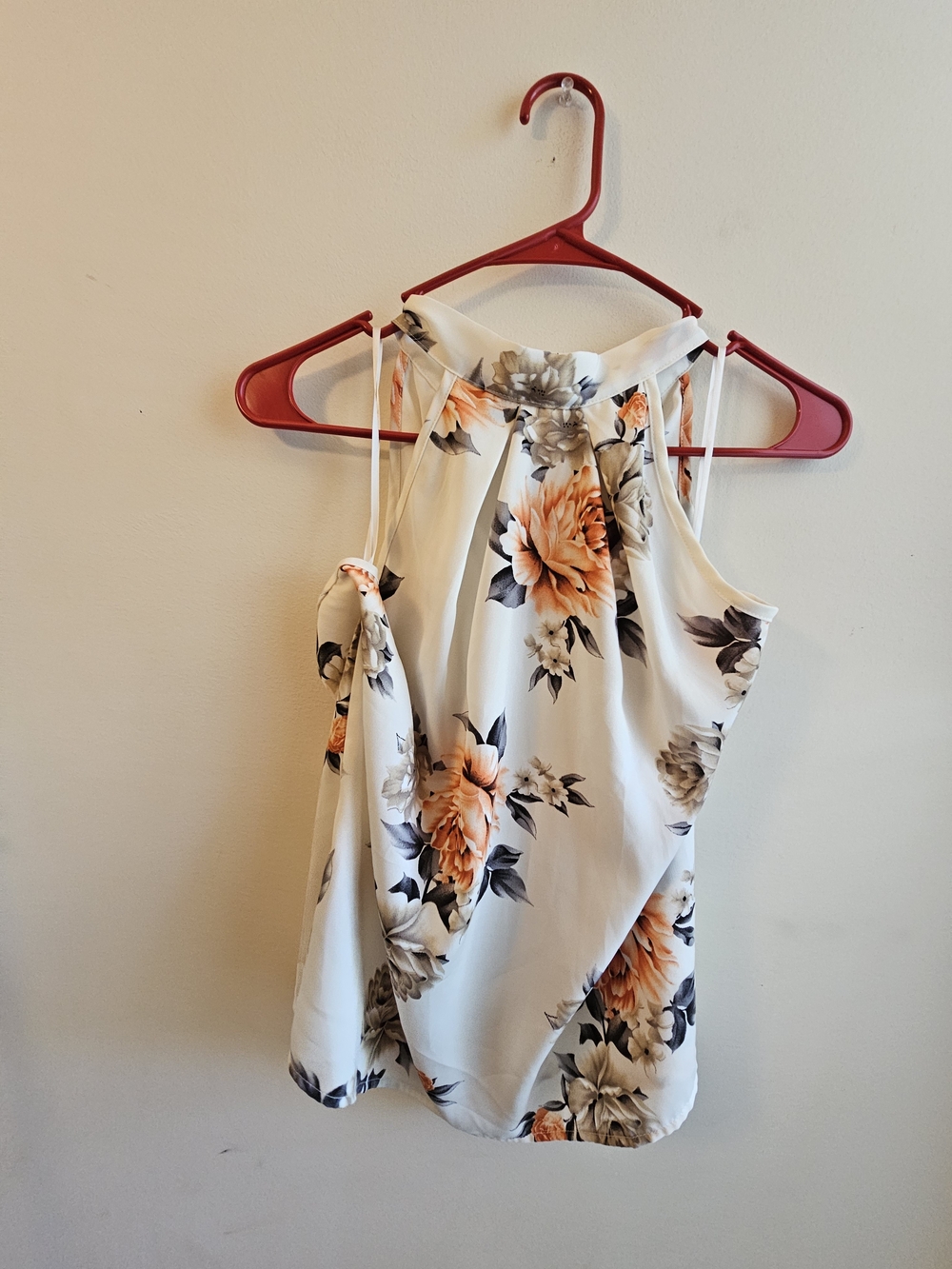 SHEIN Cream Halter Floral Blouse with Peach Blooms